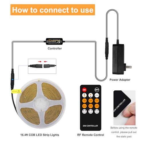AXMOTUT COB LED Strip Light Warm White, High Bright LED Lights with 2400LEDs, RF Remote and UL Power Supply, 2700K Dimmable LED Rope Lights for Mirror, Bedroom, Kitchen, DIY Home Decoration - Image 6