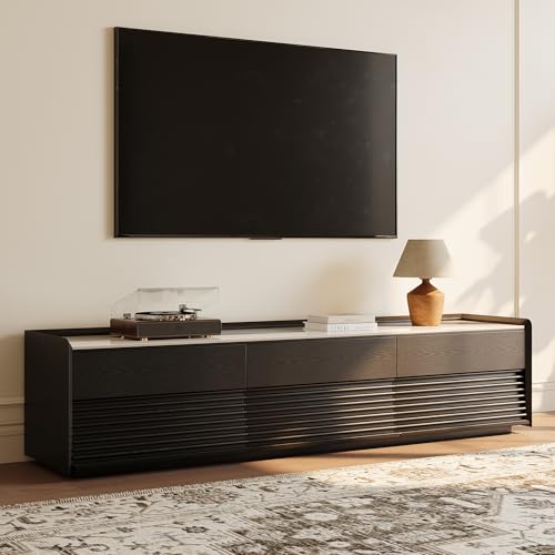 Image of POVISON Fully-Assembled Mid Century Glossy Sintered Stone TV Stand, 78.74 inch Wood Media Console with Adjustable LED Light, Entertainment Center with Storage for Living Room