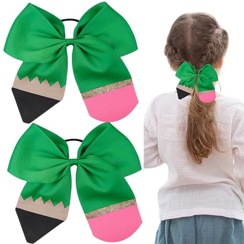 5インチ 新学期 ヘアリボン タイ スクールボウ チアボウクリップ グリーンペンシル チアヘア シュシュ ヘアリボン ポニーテールホルダー 伸縮ヘアリボン ネクタイ 学校初日用 キッズ用品 2個