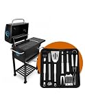 JARDIN202 - Barbacoa de Carbón con Tapa y Termómetro Kansas | Grill Ajustable con Parrilla Cromada y Calentador Superior| Ruedas Grandes | (Set BBQ + Juego 13pcs)