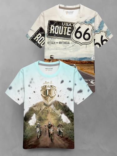 Image of HELLCAT Trendy Front & Back Graphic Printed Cotton Blend Half Sleeve Premium Round Neck Tshirt for Boys - Pack of 2