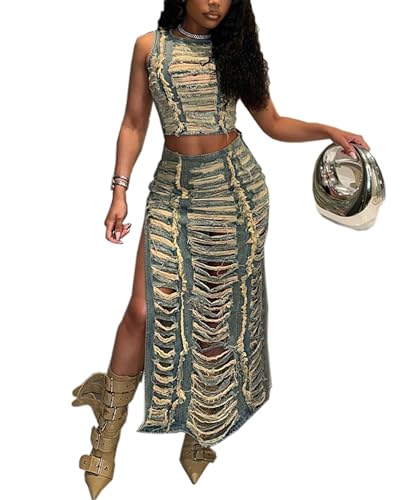 Ecirod 2 Piece Denim Outfit for Women Summer Ripped Hole Sleeveless Mock Neck Crop Tops High Slit Maxi Jean Skirt Set