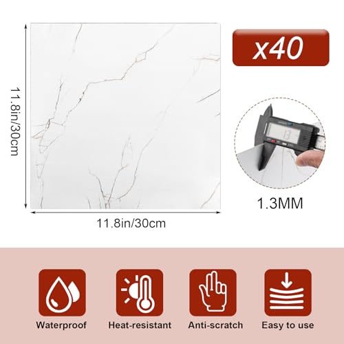 CYEER 40 Stück Vinylboden Selbstklebend 30x30CM, PVC Bodenbelag Selbstklebend Wasserfest Rutschfest, Selbstklebende Bodenfliesen für Küche, Wohnzimmer, Badezimme(Weiß Marmoriert)