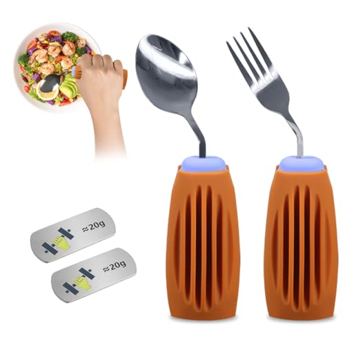 Thick Solid Weighted Adaptive Utensils Set with Weight Accessories (Purple and Brown, Right Hand Spoon and Fork)