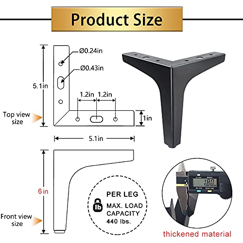 Gosche Metal Furniture Legs Set Of 4, Matte Black Sofa Legs 6 Inch, Modern Style Replacement Feet For Couch Dresser Chair Bed Table Cabinet Ottoman Cupboard Diy Replacement Parts #TOP3