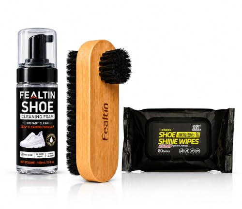Image of Shoe Cleaning Kit 3 in 1 with 150ml Shoe Cleaning Foam, Premium Wooden Shoe Brush & 80 Shoe Shine Wipes | Sneaker Cleaner Kit for Leather, Suede, Nubuck, Canvas, Sports & Casual Shoes