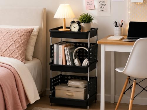 Image of KITCHIVO Multipurpose Storage Rack Organizer with Stainless Steel Pipes | Heavy Duty Plastic Shelf Stand for Kitchen, Bathroom, Laundry & Pantry (Black, 3 Layer)