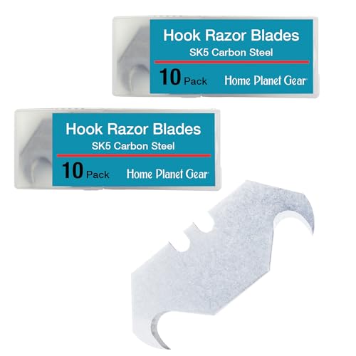 Hook Blade Utility Knife Hooked Razor Blades - Two Packs of 10 Each Super Sharp Refill Blades in Convenient Storage Box - Heavy Duty SK5 Replacement Blades for Carpet Roofing Blade Knife Box Cutter
