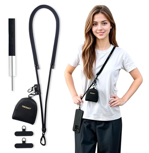 Febcraft Phone Lanyard Crossbody,Anti Theft Phone Strap,with Steel Wire & Lock,Clip and Go Strap for Phone with Wallet Crossbody,travel essentials,commuting,daily convenience,travel use,Black