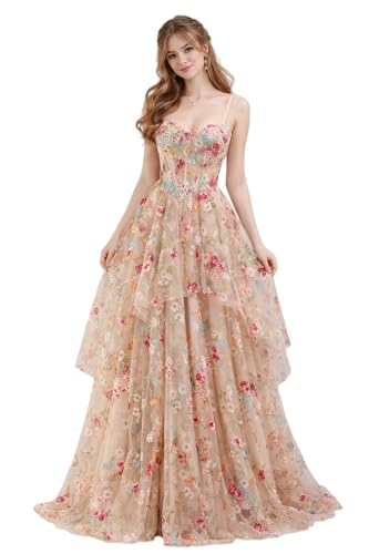 Dydsz Elegant Floral Embroidered Champagne Prom Dress High Slit Spaghetti Strap Evening Gowns for Women Formal Dress A Line Wedding Guest Party Dresses Size 12