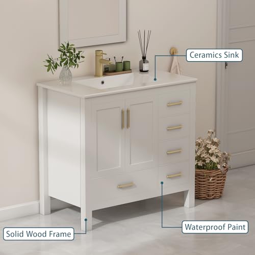 36\" Bathroom Vanity with Sink with Faucet, Bathroom Vanity with 5 Drawers, Mirror, Ceramic Countertop, Ceramic Sink, Soft-Close Door, 36 \"x18.3 x33, White