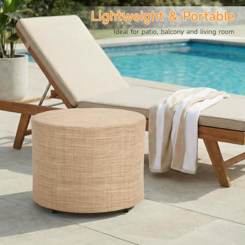 ONBRILL Outdoor Round Ottoman, All Weather Outdoor Footstool with Supportive Textliene, Patio Footrest with Sturdy Metal Frame, Multipurpose Outdoor Furniture for Patio, Balcony, Pool, Indoor, Beige - Thumbnail 4