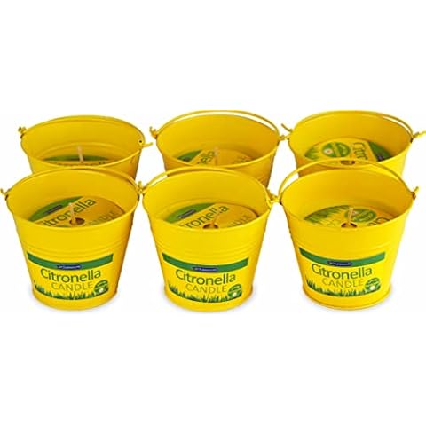 Rowan Gardening Accessories Set Of 6 Outdoor Garden Citronella Candles in Yellow Tin Buckets Cover