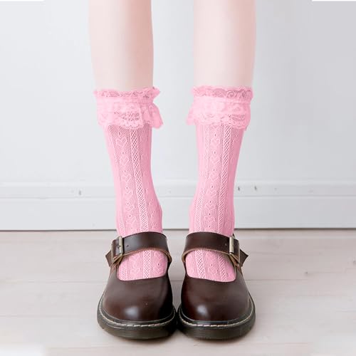 Image of Women Lace Ruffle Socks White Black Frilly Lolita Crew Dress Socks