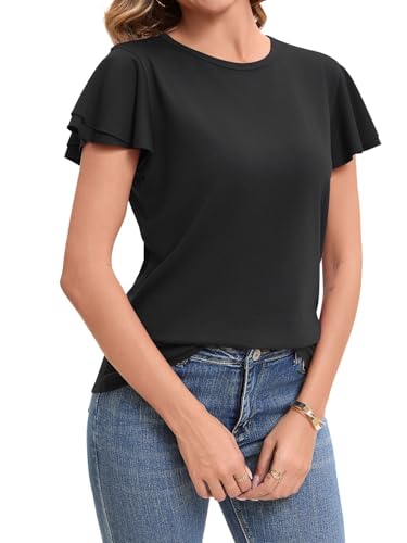 Suncife Camiseta de Verano de Manga Corta para Mujer, Elegante, Casual, con Volantes, Negro, L