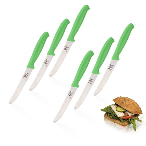 KHG 6er Set Frühstücksmesser Brötchenmesser Tomatenmesser Grün | 12 cm Klinge Edelstahl mit Wellenschliff | Tafelmesser Brotzeitmesser Vespermesser mit Fingerschutz