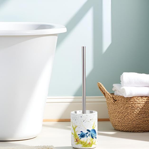 Image of 13-inch Cute Turtle Toilet Brush Holder - Resin Terrazzo Bowl Cleaner Set with Bottle, Blue Bathroom Storage Organizer