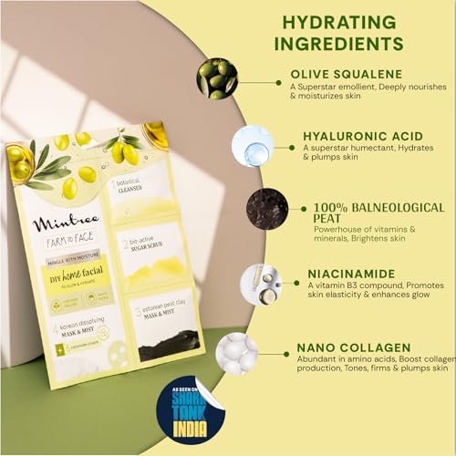 Image of Mintree Olive Brightening Home Facial Kit for De-Tan, Skin Radiant Glow & Intense Hydration with Korean Sheet Mask Collagen and European Peat Clay | Anti-Aging Skincare Facial kit for men for Glowing Skin