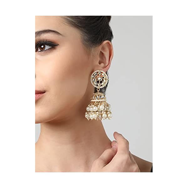 Zaveri Pearls Gold Tone Traditional Kundan & Pearls Jhumki Earring For Women-ZPFK11012 - Image 6
