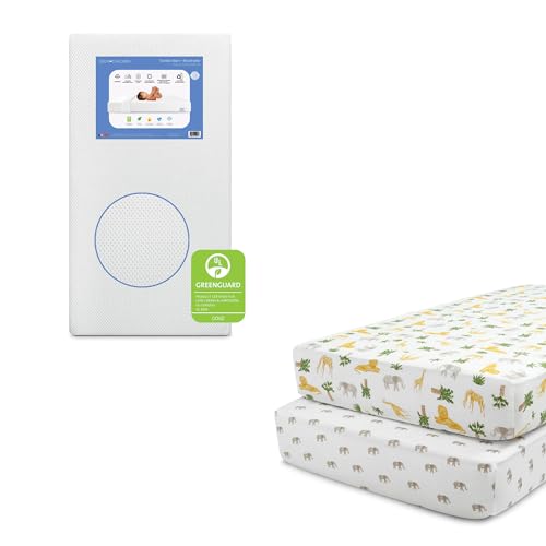 Image of Delta Children Twinkle Stars Breathable Baby Bed Crib Mattress and Toddler Mattress, White + Delta Children Fitted Crib Sheets for Girls and Boys (Pack of 2), Safari Friends (Bundle)