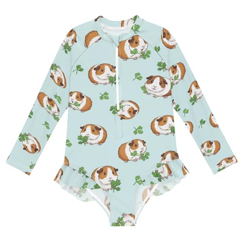 Guinea Pigs with Green Leaves Girls Rash Guard Swimsuits Long Sleeve One Pieces Bathing Suit UPF 50+ Zipper Swimwear