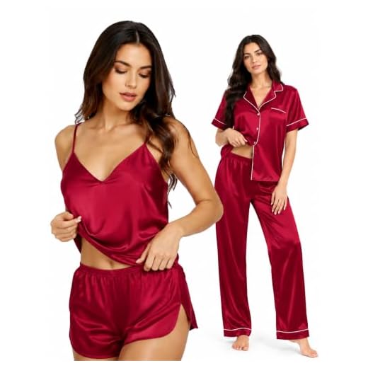 SWOMOG Womens Satin Pajamas 4pcs Pajama Set Sexy Cami Shorts Set and Button Down Short Sleeve Pjs Sleepwear Loungewear
