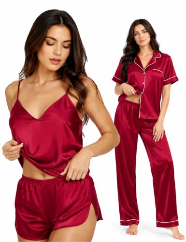 Image of SWOMOG Womens Silk Satin Pajamas Sets 4pcs Sleepwear Sexy Cami Shorts Set and Button Down Short Sleeve Pjs Loungewear