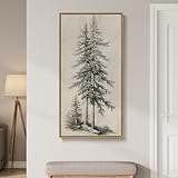 Framed Vertical Vintage Sketch Tree Living Room Wall Art, Large Black Beige Rustic Pine Artwork for Walls, Classic Antique Nature Forest Canvas Painting Print for Office Kitchen Foyer Stair 20x40 Inch