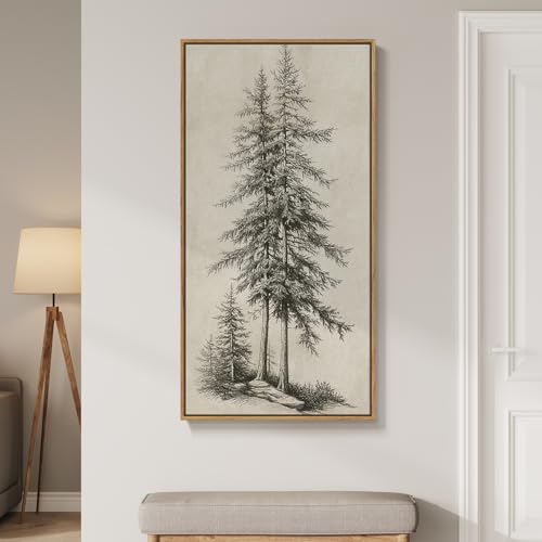 Framed Vertical Vintage Sketch Tree Living Room Wall Art, Large Black Beige Rustic Pine Artwork for Walls, Classic Antique Nature Forest Canvas Painting Print for Office Kitchen Foyer Stair 20x40 Inch