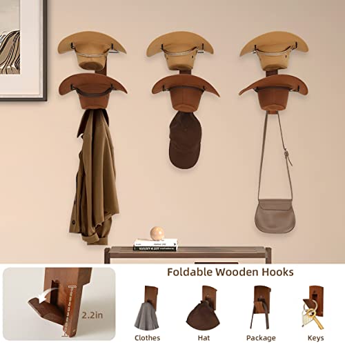 Gehe Cowboy Hat Rack For Wall, 6 Pieces Cowboy Hat Holder With 3 Wooden Board And Folding Wall Hooks, Black Metal Hat Rack, Hat Organizer For Hat Collection #TOP4