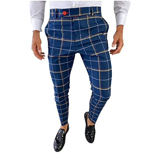 Men's Dress Plaid Pants Slim Fit Flat Front Printed Business Check Trousers Zipper Elastic Waist Pants Trousers Dark Blue #TOP24
