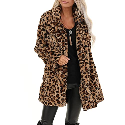 Women's Leopard Faux Fur Coat Fuzzy Warm Winter Oversized Outwear Long Cardigan Jacket With Pocket Overcoat #TOP2