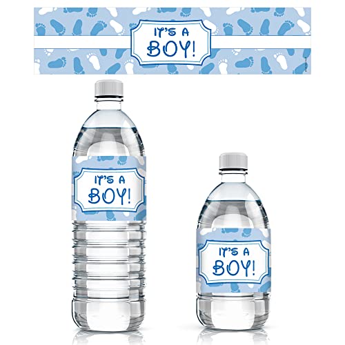 It's a Boy Baby Shower Water Bottle Labels - Blue Footprint Theme - 24 Stickers