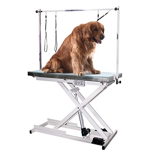 PAMPELLYA Dog Grooming Table w/LED Light and Adjustable Arm, 47 Inch Heavy Duty Electric-Lifting Grooming Table for Dogs&Cats, Maximum Capacity Up to 220lbs