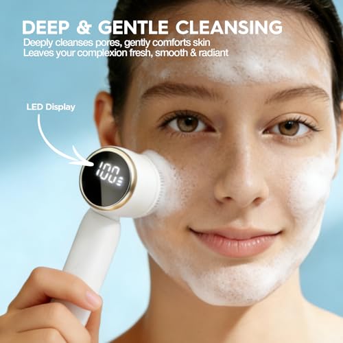 Jellystar Electric Face Scrubber with Led Display & Facial Cleansing Brush - 6-in-1 Exfoliating Kit, 3 Speeds, IPX6 Waterproof Face Brush for Deep Cleaning, Massage & Gentle Exfoliation-Milk White