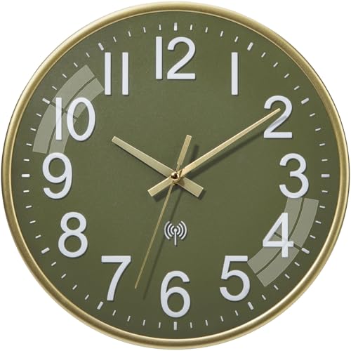ACCSHINE Orologio da parete radiocontrollato, silenzioso, 30 cm, funzionamento a batteria al quarzo, facile da leggere, per stanze, casa, cucina, camera da letto, ufficio, scuola (Verde + Oro)