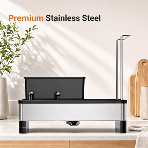 Laveshop Sponge Holder for Kitchen Sink, Rustproof Stainless Steel Sink Caddy with Auto-Drain, Removable Brush Holders, Soap and Dishcloth Organizer, Black by Laveshop - Used condition - Image 4