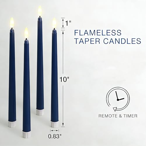 Image of Navy Blue Flameless Taper Candles with Remote Timer, Flickering Battery LED Candlesticks Set of 4