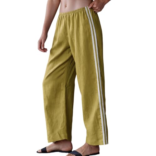 Songling Womens Cropped Striped Linen Pants Summer Casual Wide Leg Pants Elastic Waist Beach Vacation Lounge Trousers(Light-Olive,L)