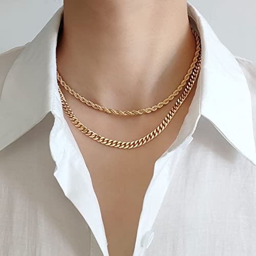 BaubleStar Cuban Curb Link Layered Collar Necklace Gold Layering Twisted Rope Chain Choker Statement Fashion Jewelry set for Women