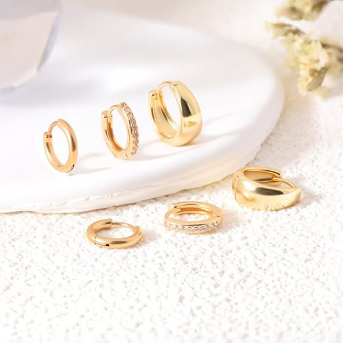 Styleeary Gold Earrings for Women, Small Chunky 14K Gold Plated Hypoallergenic Huggie Hoop Earring Sets for Multiple Piercing, Lightweight Stud Earrings,Tiny Ball CZ Cartilage Earrings Stack 3Pairs (Gold-G) by Styleeary - Image 6