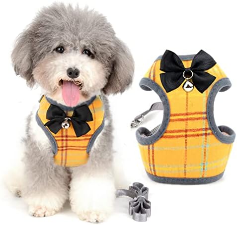 Zunea No Pull Small Dog Harness and Lead Sets Adjustable Soft Mesh Plaid Tuxedo Vest Clothes with Bowtie and Safety Bell for Puppy Chihuahua, Escape proof Cats Harnesses for Walking Pink S