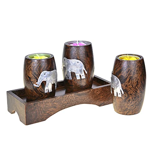 Aeravida Three Mini Barrel Pewter Elephant Wooden Tea Light Candle Holder Set | Decorative Wooden Candle Holder | Living Rhome Decor Elephant Candle Holder #TOP3