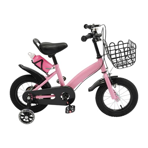Bicicleta infantil de 12 pulgadas con ruedas estabilizadoras, soporte para vasos, cesta para bicicleta de pedal, ruedas estabilizadoras y niños, para asiento ajustable en altura, 2-5 años