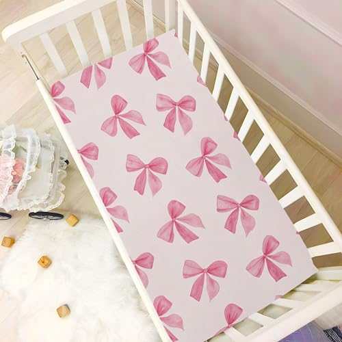 Image of Burbuja Fitted Crib Sheet for Girls and Boys, Pink Bow Soft Breathable Crib Sheet for Standard Crib and Toddler Bed Mattresses, 27 x 39 in