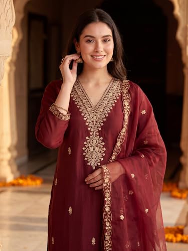 Image of INDO ERA Women's Black Silk Blend Embroidered Mirror Work Kurta & Pant with Dupatta Set (IEDDAI484)
