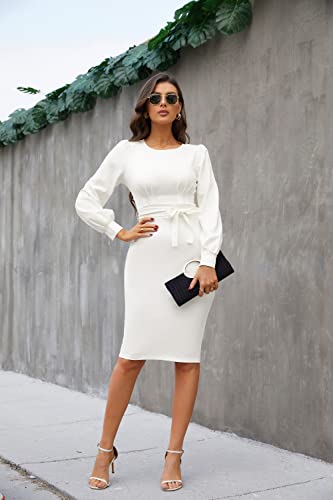 JASAMBAC Plus Size Sheath Dress for Women Long Sleeve Knee Length Pencil Formal Dress White 2XL