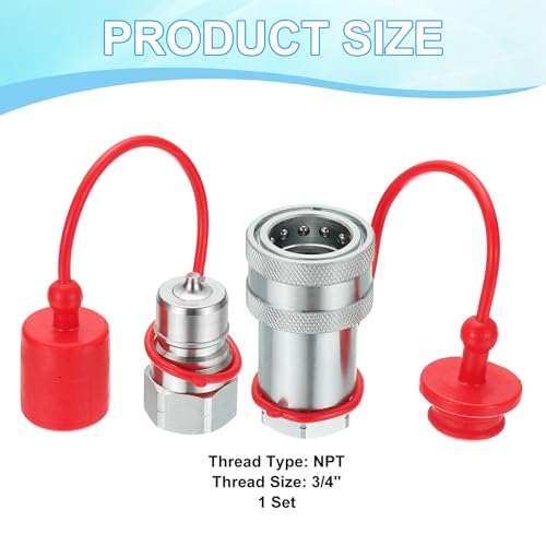 Image of PATIKIL 3 /4 inch NPT ISO-A Hydraulic Quick Disconnect Coupling, 1 Set Flat Face Hydraulic Quick Connect Coupler with Dust Caps Quick Release Coupling Set