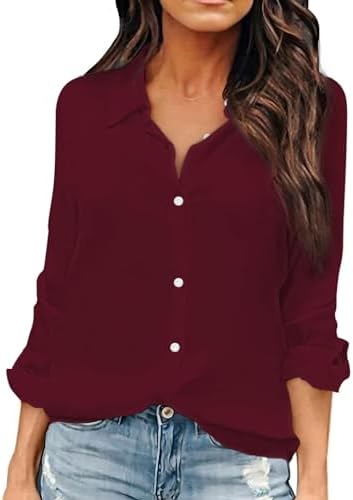 OMSJ Women Button Down Shirts Long Sleeve Chiffon Office V Neck Casual Business Blouses Tops