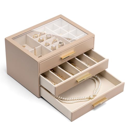 VLANDO 3-Drawer Jewelry Box with Glass Lid, Latte